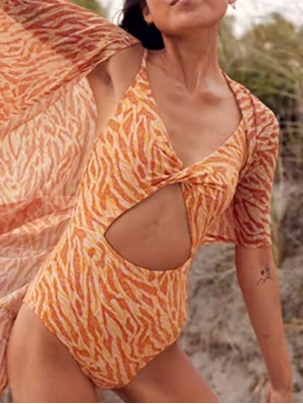 Aerie Twist Cut Out One Piece Swimsuig Orange Size XL Long